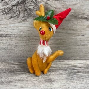 Vntg Flocked Deer Pick Christmas Wearing Santa Hat Sitting Red Nose MCM Cute